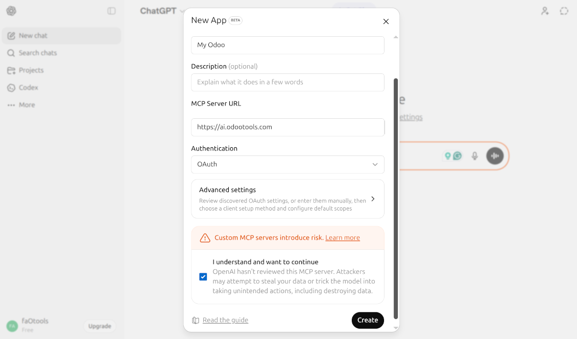 The 'New App' configuration modal in ChatGPT showing the Odoo integration name, MCP Server URL (https://www.google.com/search?q=ai.odootools.com), and OAuth authentication setup.